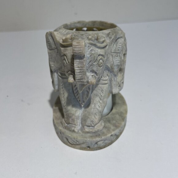 Carved Filigree Soapstone Elephant Figurine Candle Holder Votive Tealight India - Picture 2 of 10